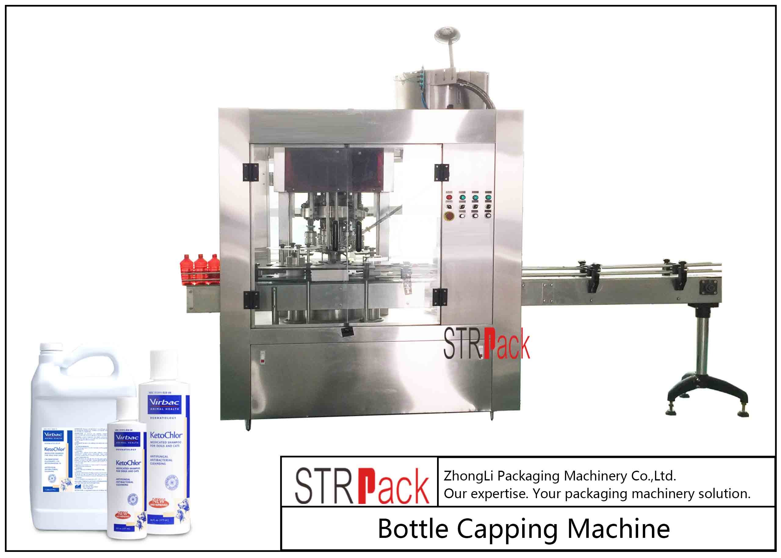 प्लास्टिक स्क्रू कैप्स के लिए रोटरी बोतल कैपिंग मशीन / 4 हेड्स रोटरी कैपिंग मशीन