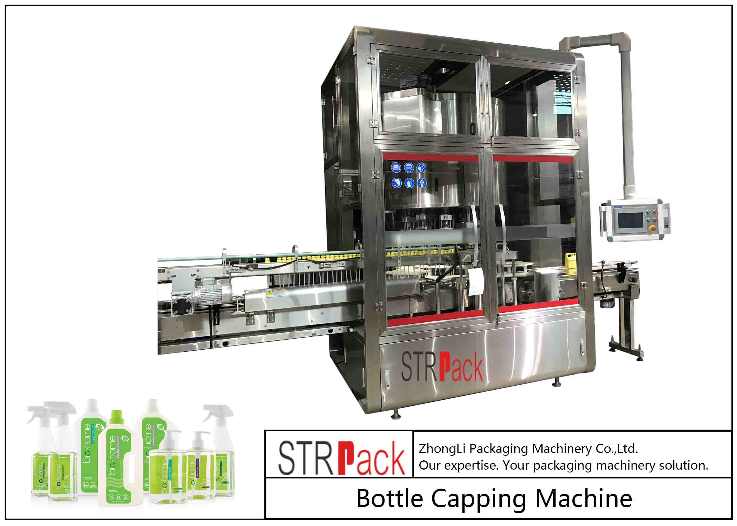 इंसर्टर / ट्रिगर स्प्रे पंप कैप के लिए रोटरी शैम्पू बोतल कैपिंग मशीन